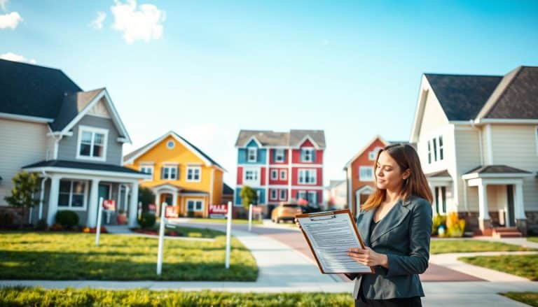 A modern suburban neighborhood showcasing a diverse range of eligible properties for FHA loans, including a charming single-family home with a well-maintained lawn, a small apartment building, and a cozy townhouse. In the foreground, a professional couple in modest business attire reviews property requirements on a clipboard. The middle ground features the homes in vibrant colors with visible "For Sale" signs. The background shows a clear blue sky and a few fluffy clouds, creating a welcoming atmosphere. Soft, bright lighting enhances the scene, suggesting a sunny afternoon. The angle is slightly elevated, capturing the essence of community living and the concept of property eligibility, perfectly aligning with FHA requirements. - how to get a usda loan