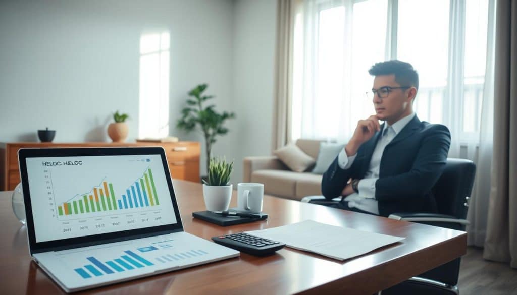A modern, stylish home office scene showcasing a business professional reviewing financial documents related to a HELOC (Home Equity Line of Credit). In the foreground, a laptop with graphs and charts displayed prominently alongside a stack of paperwork and a calculator. The middle ground features a polished wooden desk with a small indoor plant and a coffee cup, suggesting a comfortable yet productive workspace. The background displays a large window with natural light streaming in, illuminating the room and casting soft shadows. The setting evokes a mood of focus and financial empowerment, with a soft color palette of blues and greens. The professional, dressed in smart business attire, is engaged in a thoughtful pose, contemplating financial decisions.