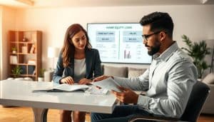 A visually engaging scene illustrating the concept of a home equity loan. In the foreground, a diverse group of two professionals, a woman and a man, are seated at a sleek modern desk, both dressed in smart business attire, examining financial documents that reflect loan options. In the middle layer, a large computer screen displays a clear infographic comparing a home equity loan and a HELOC, with graphs and numbers. In the background, a cozy, well-furnished living room with a contemporary aesthetic, featuring a bookshelf and potted plants. The lighting is warm and inviting, creating a productive atmosphere. The angle captures the professionals’ expressions of focus and determination, accentuating the serious yet approachable nature of financial planning. - is fha loan better than conventional